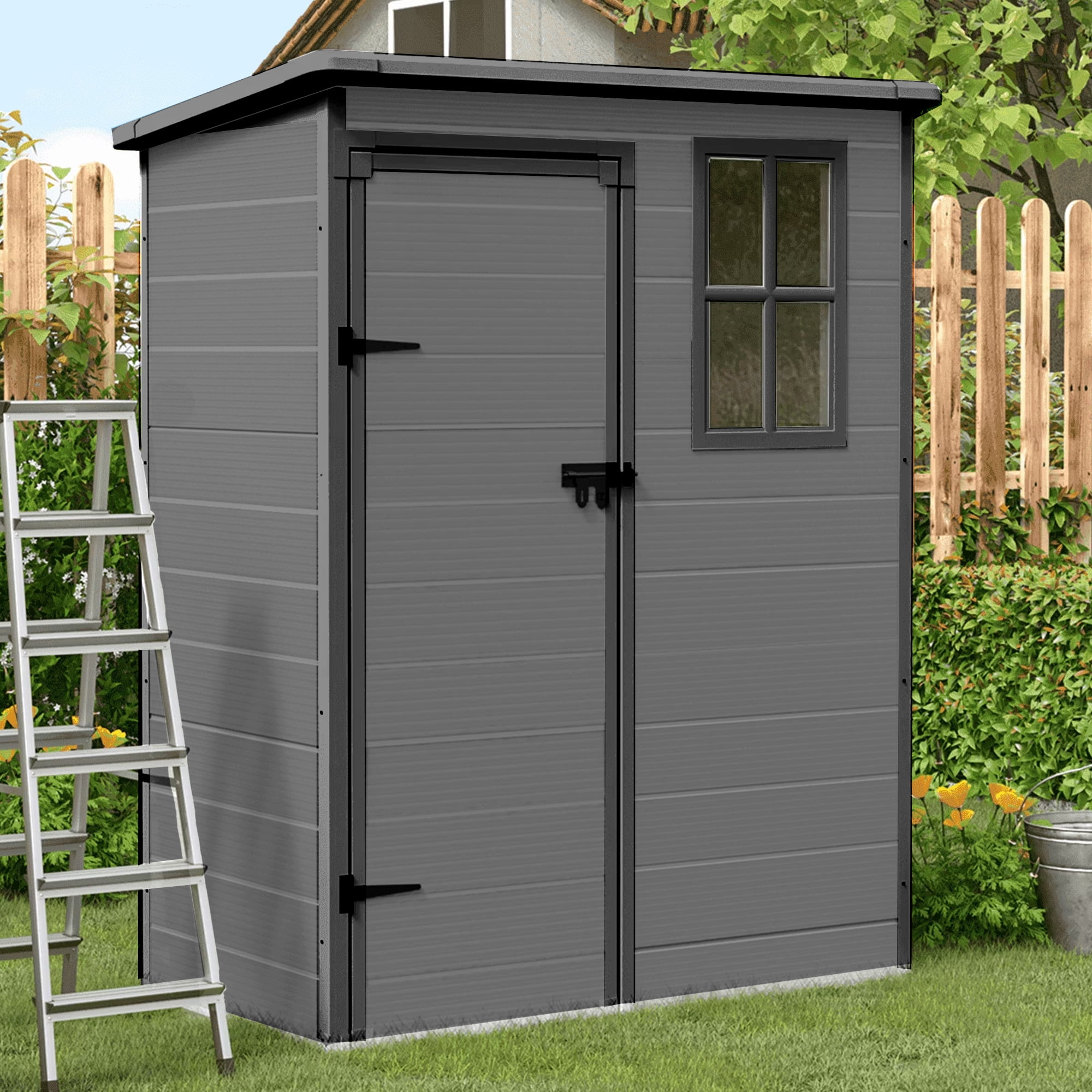 MRUAKA Storage Shed 5×3 FT, Resin Sheds & Plastic Outdoor Storage with Floor Outdoors Garden Tool Shed Tuff Outside Patio Shed with Lockable Door for Bike,Dark Gray,
