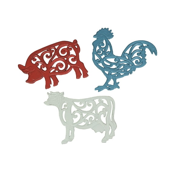 Set of 3 Cast Iron Farm Animal Kitchen Trivets Decorative Wall Hanging Art Rooster Cow Pig