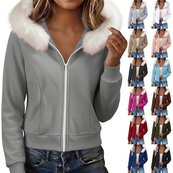 Smsaxvxz Women's Zip Up Cropped Hoodies Fall Fashion Long Sleeve Soft Loose Sweatshirts Gray 2XL