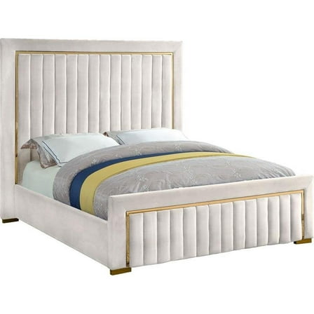 Maklaine Contemporary Solid Wood and Velvet Queen Bed in Cream