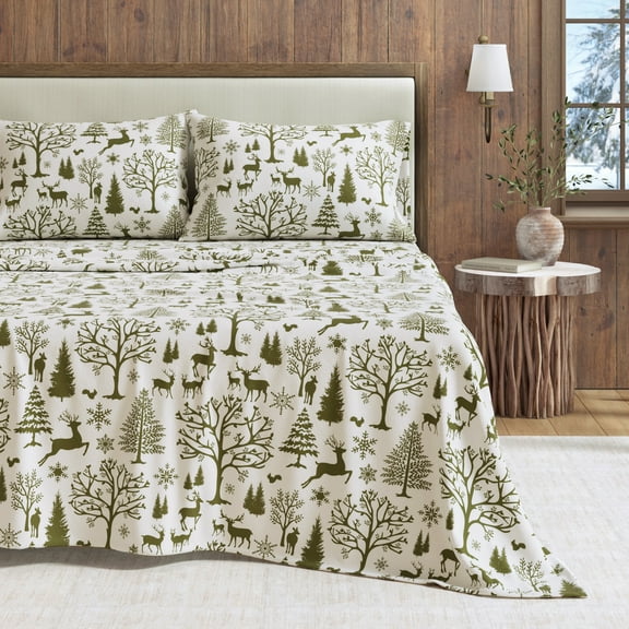 Great Bay Home Lodge Flannel Sheet Set - 100% Turkish Cotton - Double Brushed - King, Olive Branch Enchanted Woods