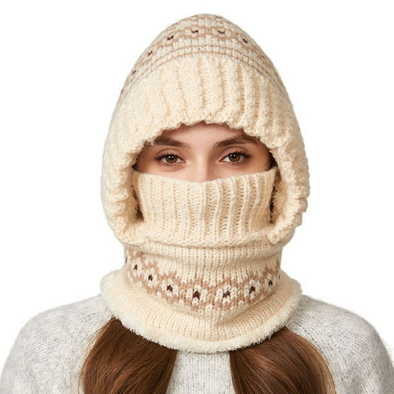 WZXFASHION Ribbed Knit 3-in-1 Hat Scarf Ear Flap Combo Winter Hat for Women and Men Beige One Size