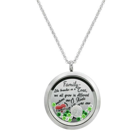 Family Tree Love Heart Round Floating Locket Crystal Charm Pendant Necklace - Family Love Tree