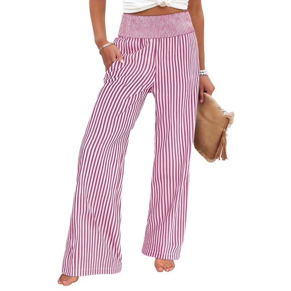 Women's Fashion Loose Pleated Elastic Waistband Pocket Striped Casual Pants for Modern and Relaxed Style,Pink,L
