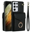 thumbnail image 1 of Wallet Case for Samsung Galaxy S21 Ultra, Back Card Slots/Bag Magnetic Button Ring Holder Stand Cover with RFID Blocking Wrist Hand Strap Luxury PU Leather Anti-Shocks Case,Black, 1 of 9