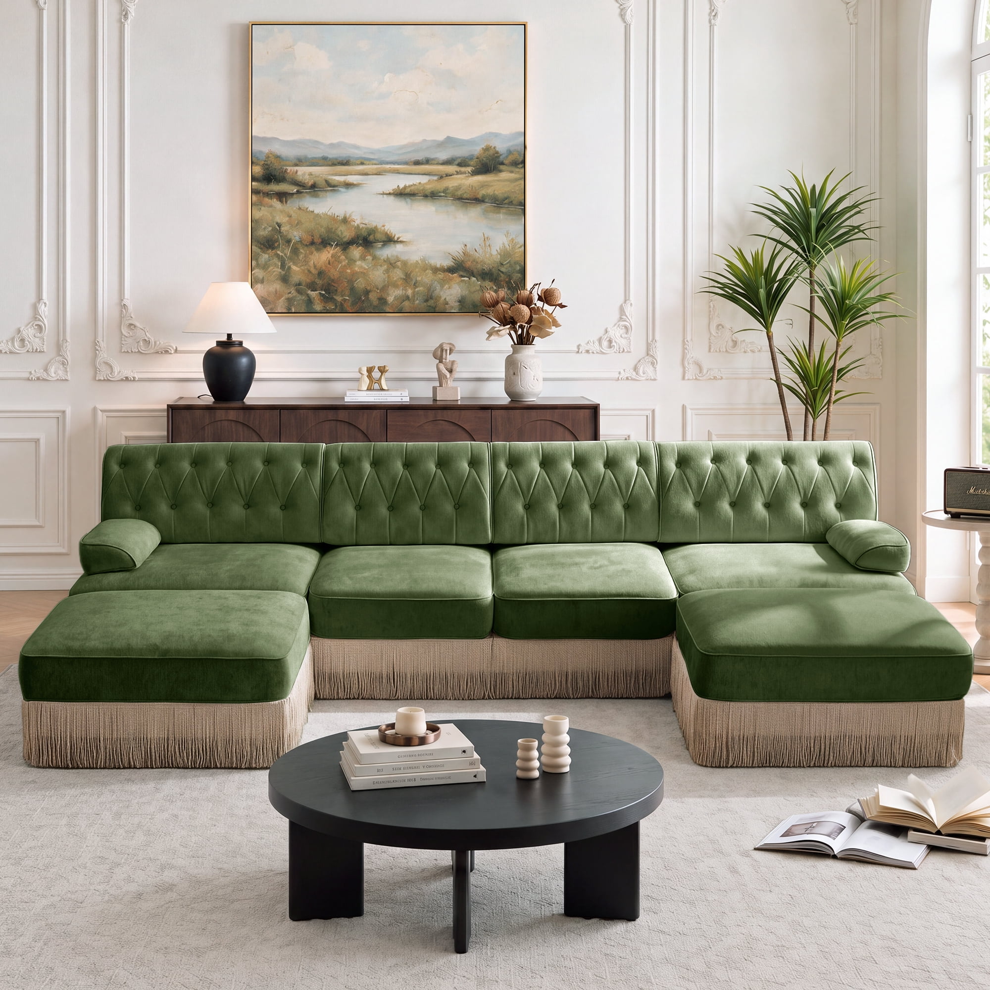 135" Chesterfield 4 Seater U-Shaped Modular Sectional Sofa Set with 2 Ottoman and Tassel Skirt, Easy to Assemble