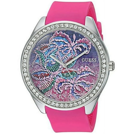 GUESS Women's U0960L1 Pink Silicone Band With Multicolor Analog Dial Watch NWT