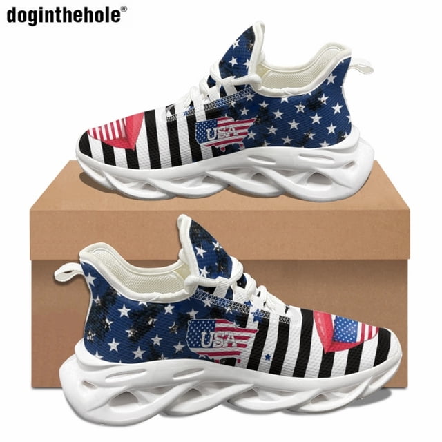 Zapatillas clásicas Doginthehole de moda para mujer, diseño moderno con estampado de bandera estadounidense, zapatos casuales con cordones para deportes al aire libre y para correr.
