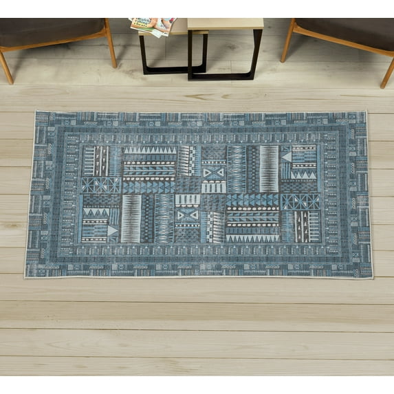 Tribal Decorative Rug, Ethnic Folk Ornaments Zigzags Dots and Curves in Modern Geometric Influences, Quality Carpet for Bedroom Dorm and Living Room, 6 Sizes, Blue Grey, by Ambesonne