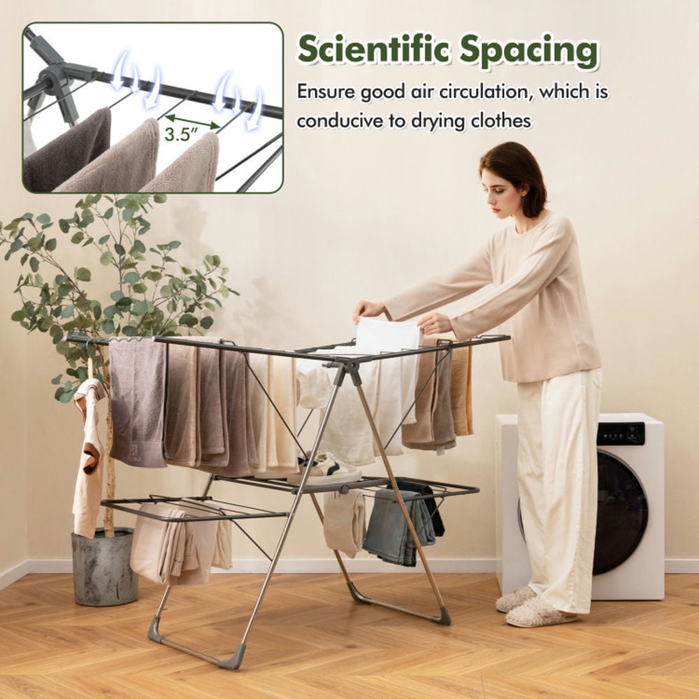 Finihen Drying Rack, Clothes Drying Rack, 2-Tier Clothes Drying Rack with 33 Drying Rails and Height Adjustable Gullwings, for Indoor, Outdoor, Silver Finihen Drying Rack, Clothes Drying Rack, 2-Tier Clothes Drying Rack with 33 Drying Rails and Height Adjustable Gullwings, for Indoor, Outdoor, Silver