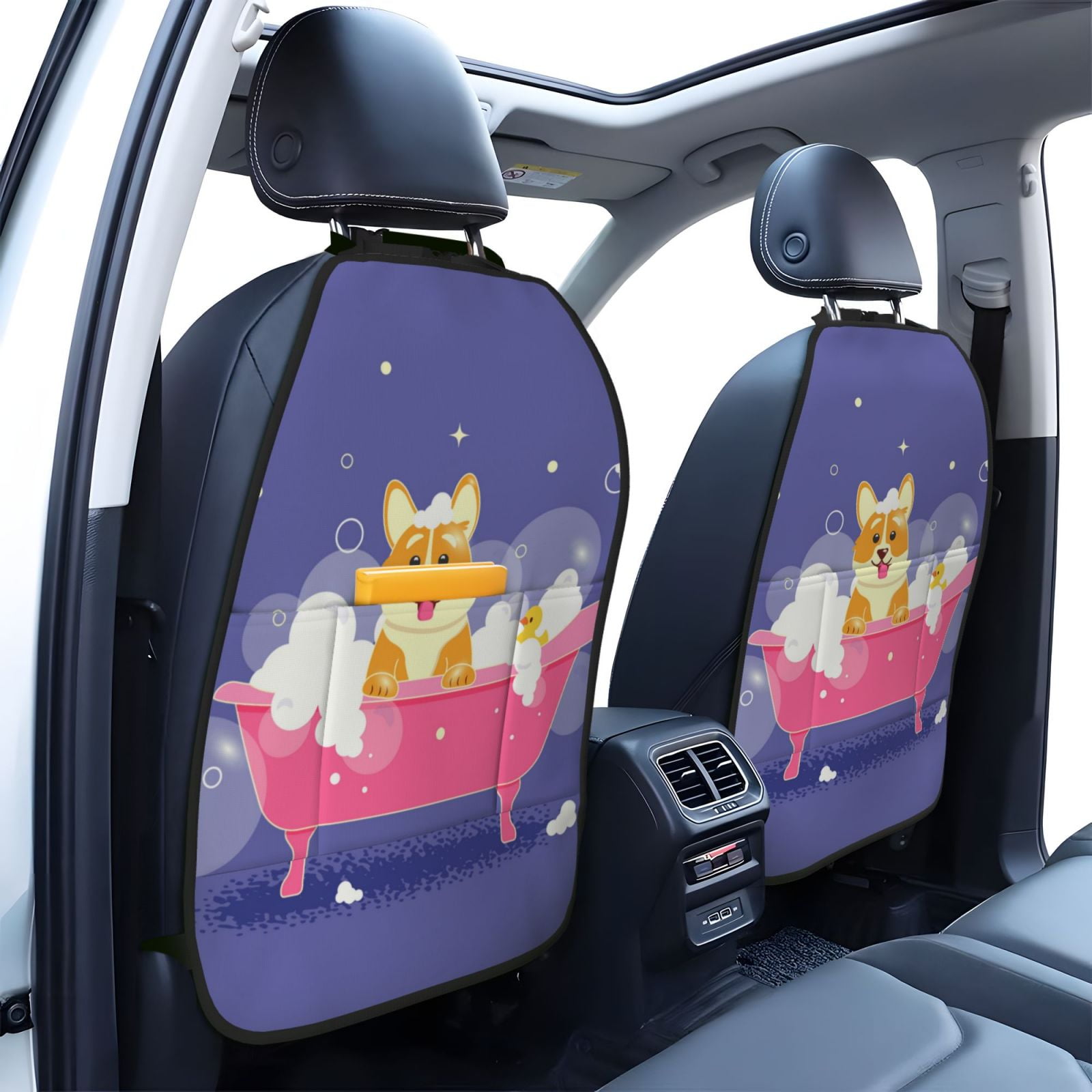 Kdxio Dog Washes in a Bath Print 2 Pack Car Kick Mat Seat Cover Back Protector Mat with Pockets for Organizer Backseat Protector and Storage Anti Kick Pad for Vehicles