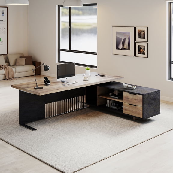 Wesome 70.87 inch L Shaped Executive Desk with  Cable Management Drawers File Cabinet