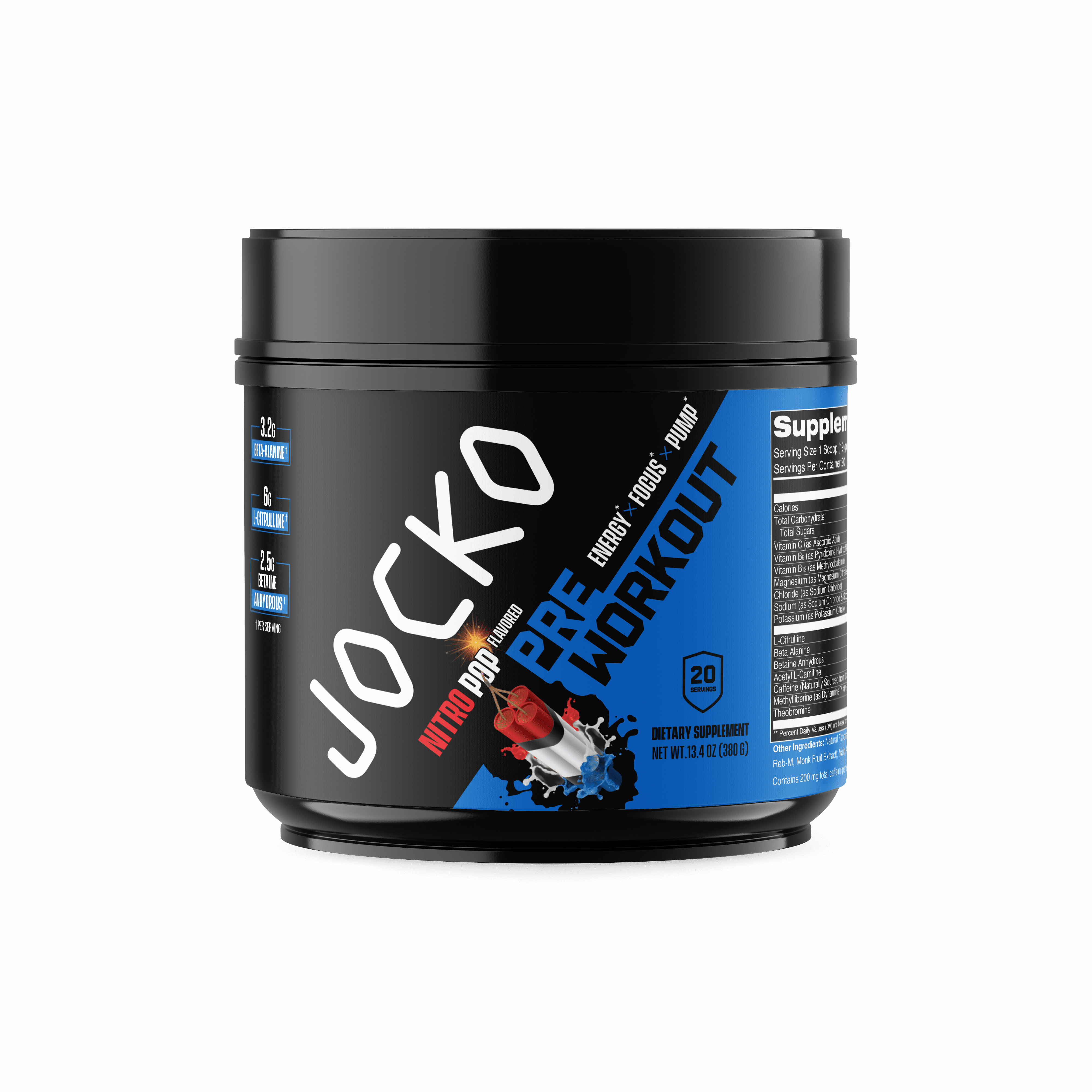 Jocko Fuel Preworkout Powder, Nitro Pop, High Stim, Sugar-Free Nootropic Blend to Support Muscle Pump, Energy, & Recovery 200mg Caffeine, 20 Servings
