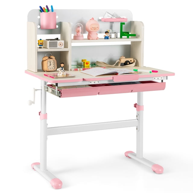 Patiojoy Bureau d'Étude pour Enfants à Hauteur Réglable Table d'Écriture pour Enfants avec Plateau Inclinable Bureau d'Apprentissage pour la Maison et l'École Rose