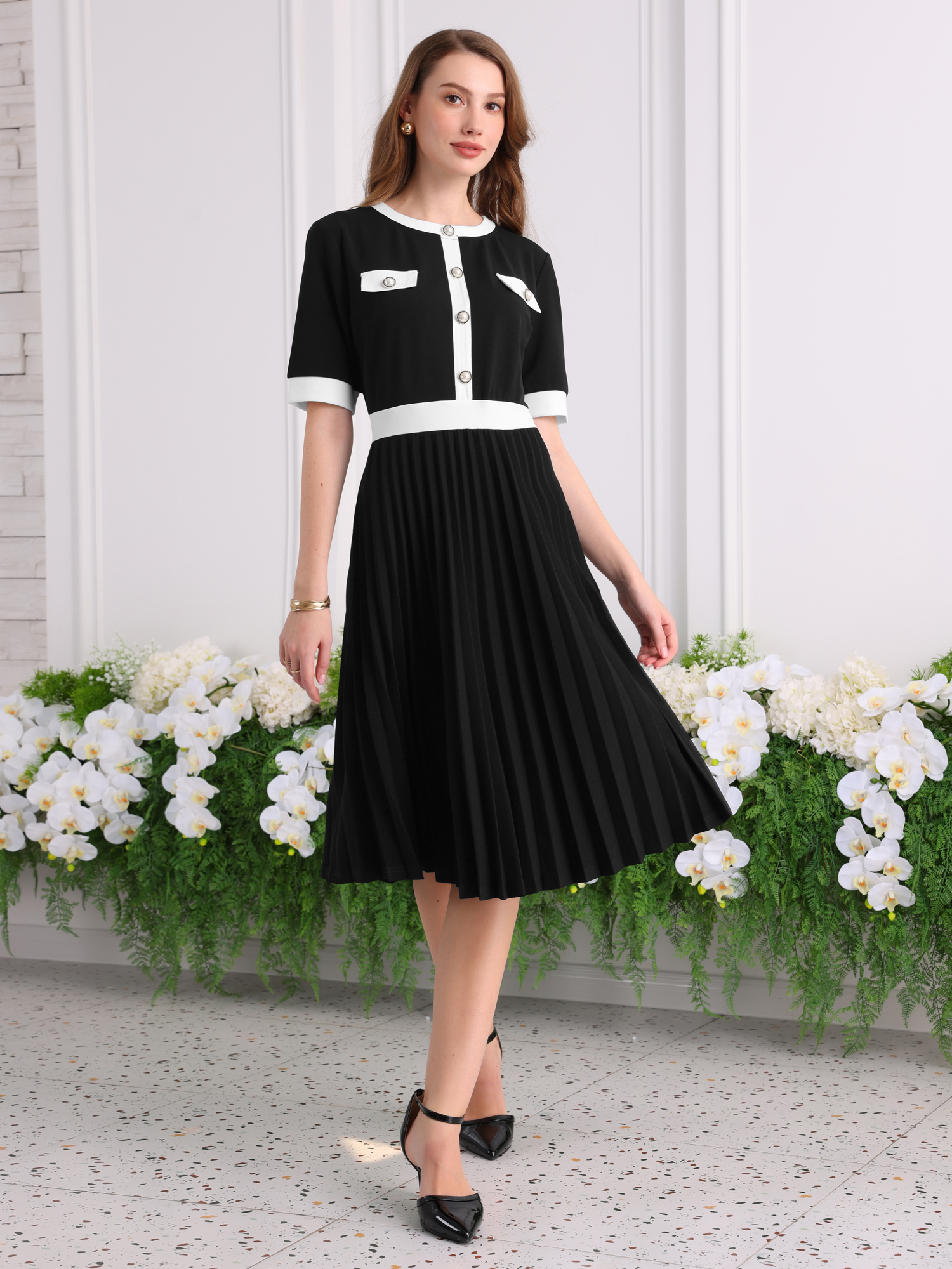 DARING DIVA Women's Short Sleeve Pleated Casual A-Line Midi Dress XL Black