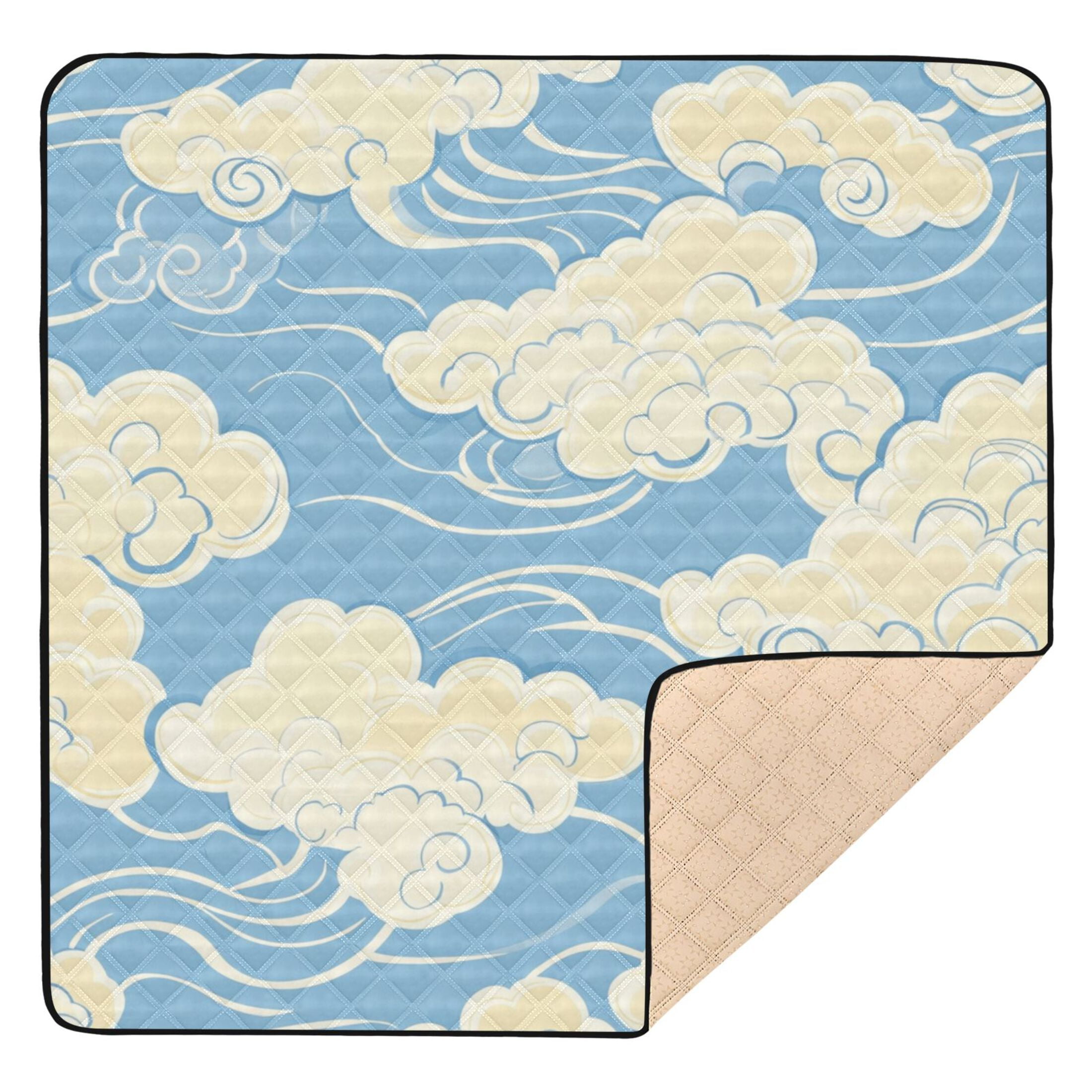WOBOGO White Cloud Pattern on Blue Background Baby Playmats Extra Large Waterproof Rollable Activity Pads for Toddlers 50×50inch