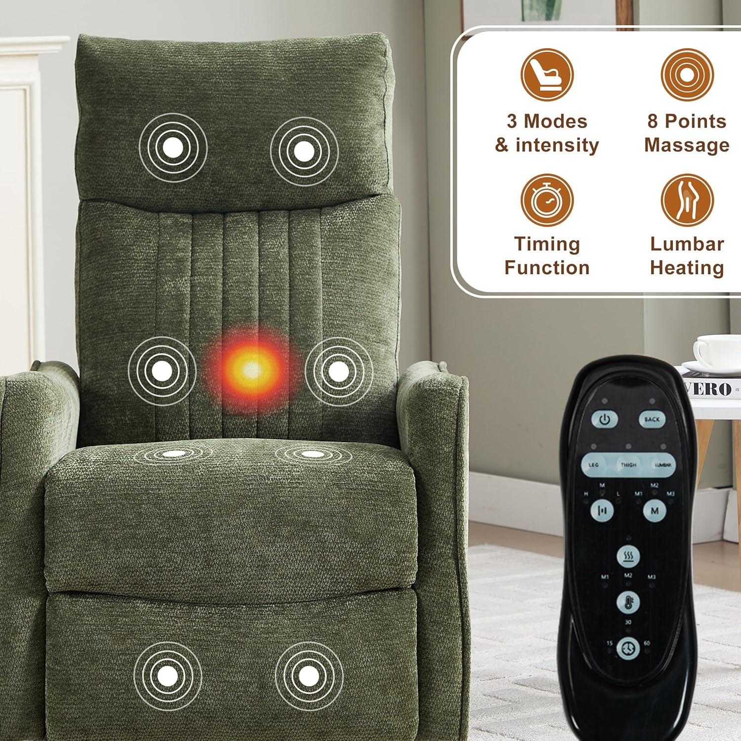 AENKYO Swivel Recliner Chair, Manual Rocking Massage Chair, Heated for Adults, for Living Room,Green Chenille