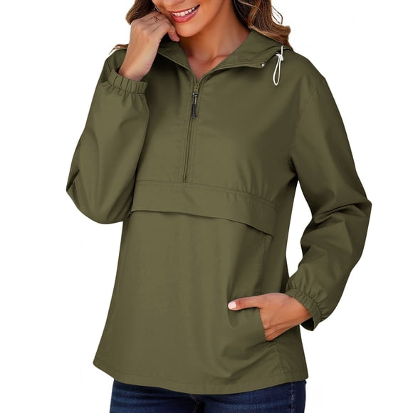 Rain Jackets for Women Waterproof Solid Lightly Half Zipper Outdoor Raincoat Casual Fall Hooded Jackets with Pockets Fashion Trench Coats Travel Camp Loose Windbreaker for Mountain Ski Sports