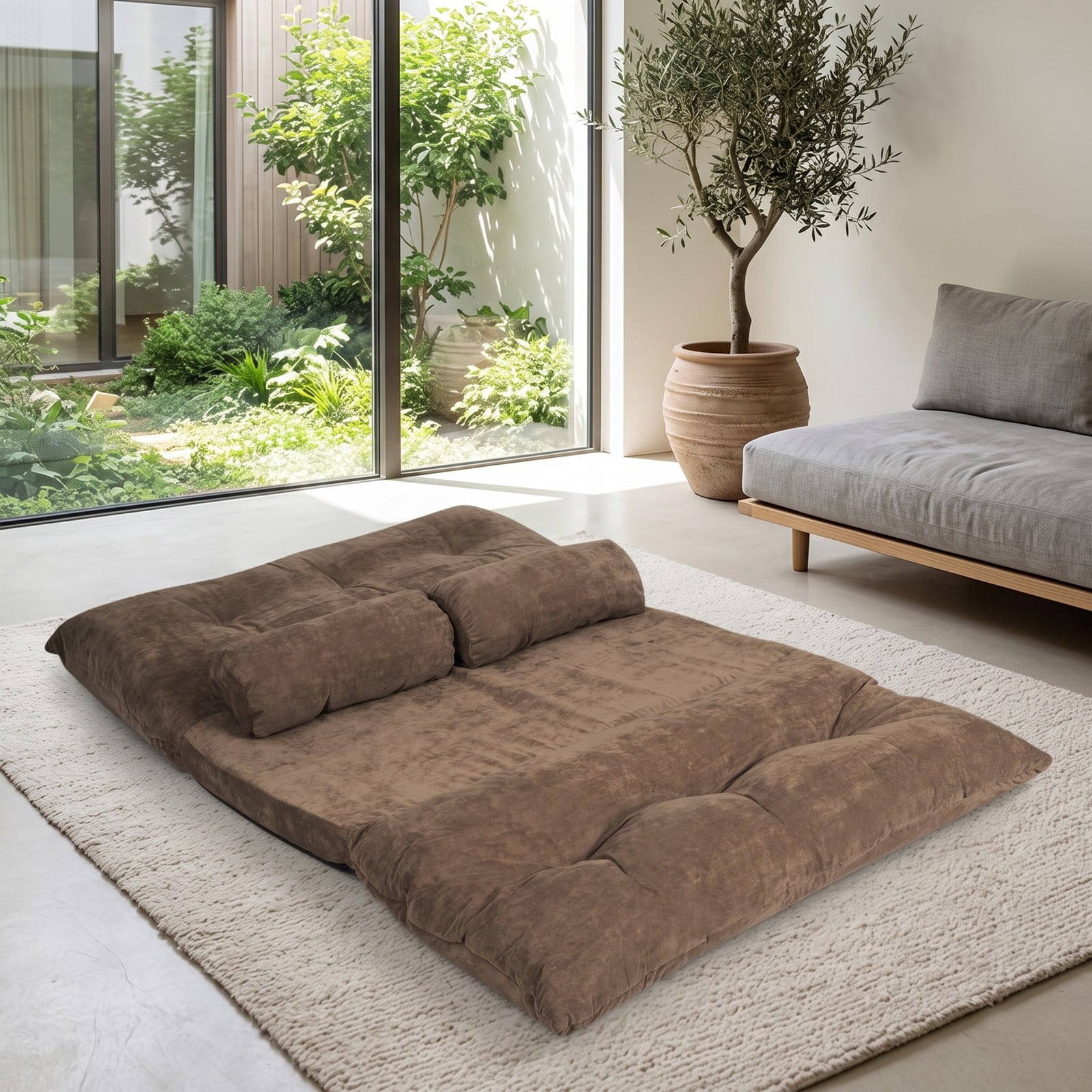 Furnibear 6-Position Adjustable Floor Sofa Bed, Foldable Sleeper Lounge Couch with 2 Pillows, Padded Corduroy Recliner Chair for Living Room Bedroom, 330, Coffee Brown