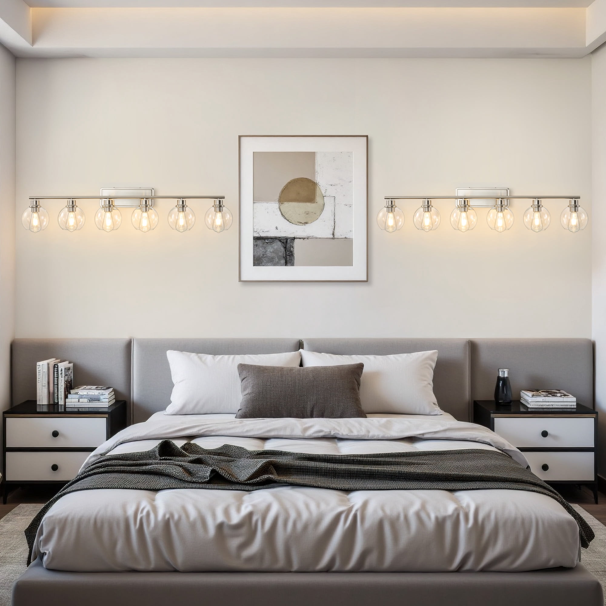 Deyidn 42.12" Nickel Bathroom Vanity Light, 6-Light Dimmable Wall Fixture with Clear Glass Shades for Makeup Mirror, Modern Luxury