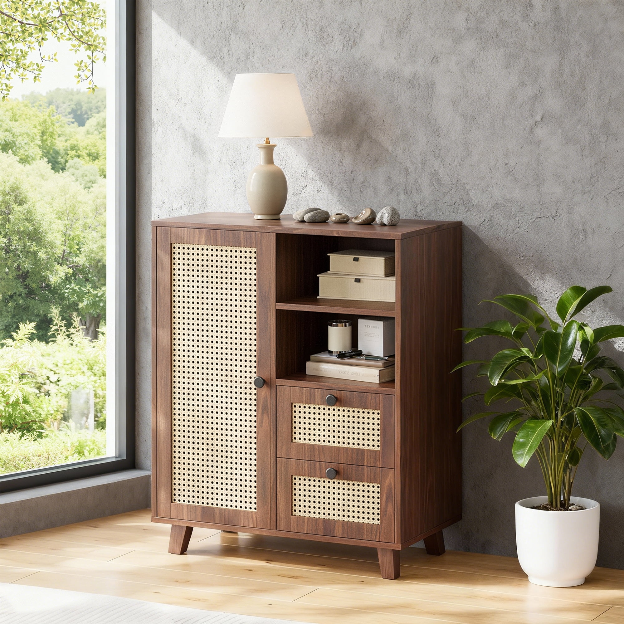 MAYEERTY Rattan Sideboard Cabinet with Drawers & Adjustable Shelf, Versatile Storage for Kitchen & Entryway, Walnut