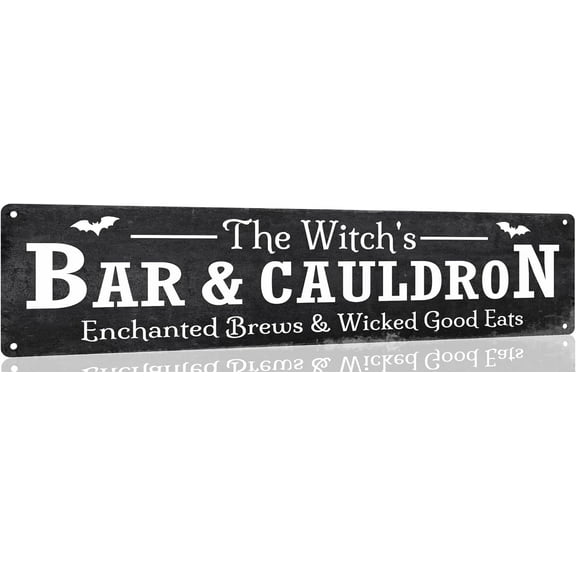 The Witch's Bar and Cauldron Tin Sign Vintage Halloween Metal Signs Gothic Halloween Witch Decorations for Cafe Bar Kitchen 4x16 Inch