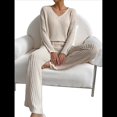 thumbnail image 1 of Conjunto de Pijama de Dos Piezas de Punto Acanalado para Mujer: Suéter de Larga y Pantalón . Albaricoque M, 1 of 8