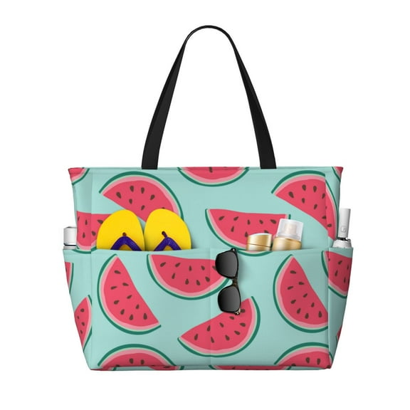 Zufioo Watermelon Print Large Capacity Beach Travel Bag, Zippered Pocket Foldable Hand-held Shoulder Beach Bag