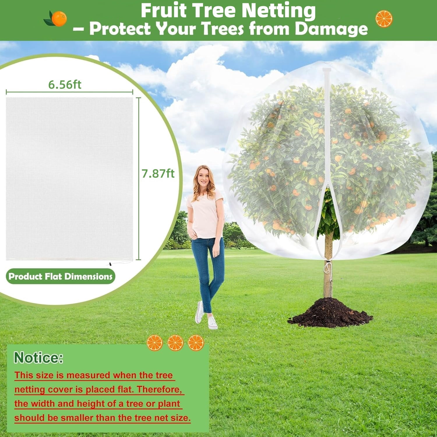 LQQBOX 1PCS Fruit Tree Netting with Drawstring and Zipper, 6.56 x 7.87 FT Blueberry Bush Netting Cover, Garden Bird Netting Plant Cover for Protect Plant Fruit Flower from Birds, Bugs, Cicadas