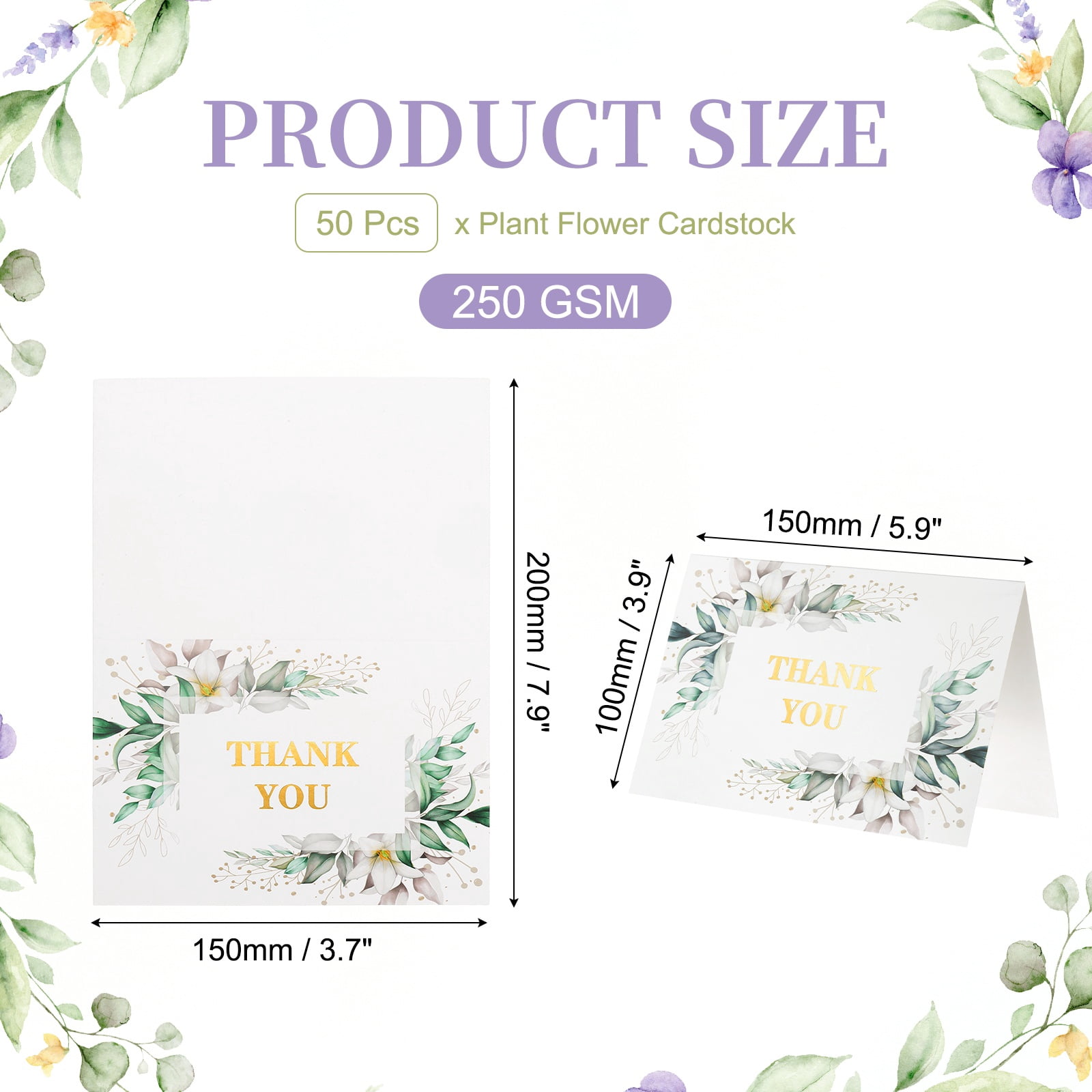 Uxcell 50Pcs Thank You Cards, 5.9"x7.9" Floral Folded Blank Cardstock, Thank You Notes for Greeting Cards Wedding Graduation Birthday DIY Craft Invitations, Lily Leaf Style