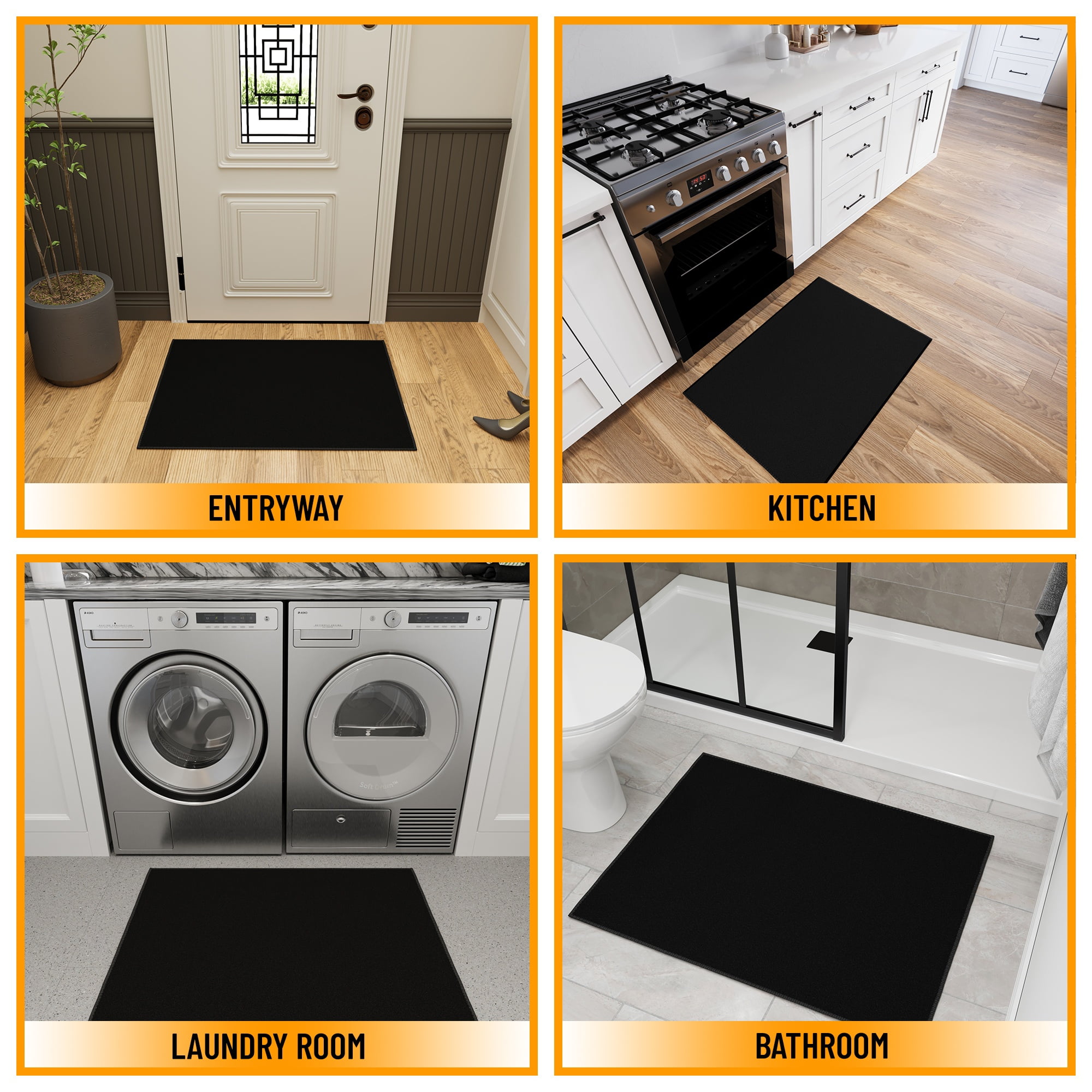 Ottomanson Indoor Door Mat Non-Slip Low Pile Stain Resistant Rug, Solid Black, 2'7" x 3'