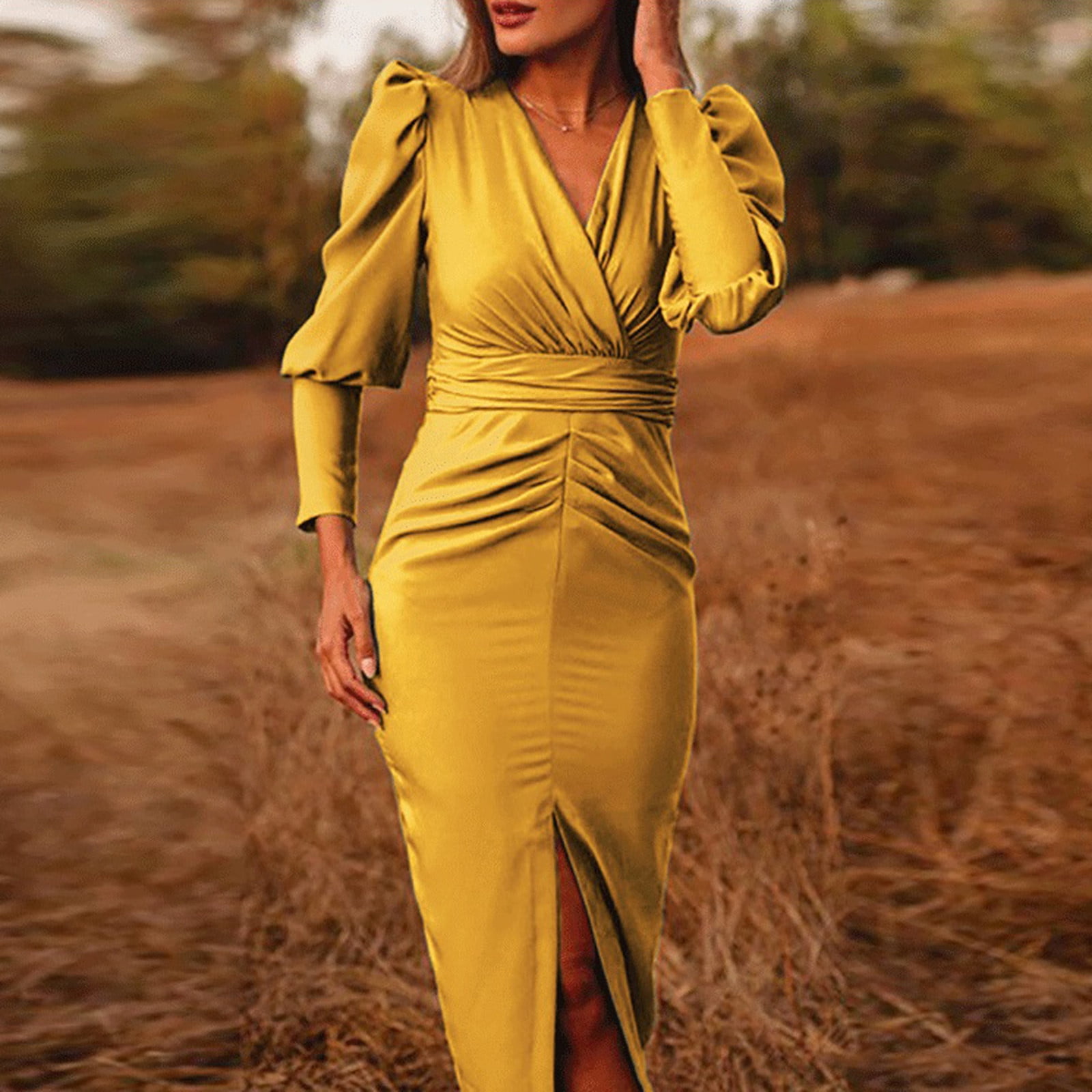 Dasayo Yellow Long Sleeve Wedding Dress Fashion Women Casual Buttocks  V-Neck Solid Dress Long Sleeve Dress - Walmart.com