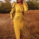 thumbnail image 2 of Honeeladyy - Liquidación por menos de 5 $ - Vestido ajustado con abertura para mujer, elegante vestido de manga larga con farol, escote en V, cintura alta, vestido informal de cóctel midi, 2 of 6
