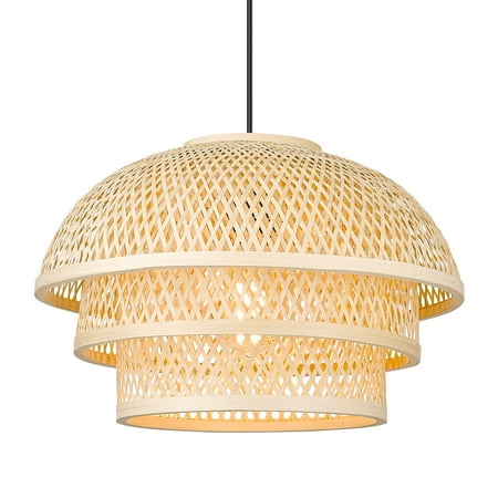 

16.5 3-Tiered Modern Rattan Bamboo Chandelier Large Handwoven Wicker Pendant Light for Kitchen Dining Room Natural Boho Dome Lampshade