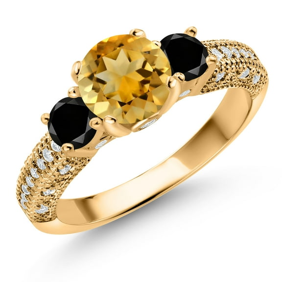 Gem Stone King 18K Yellow Gold Plated Silver Yellow Citrine Black Diamond and White Moissanite Engagement Ring for Women (1.92 Cttw, Gemstone November Birthstone, Round 7MM and 4MM, Size 8)