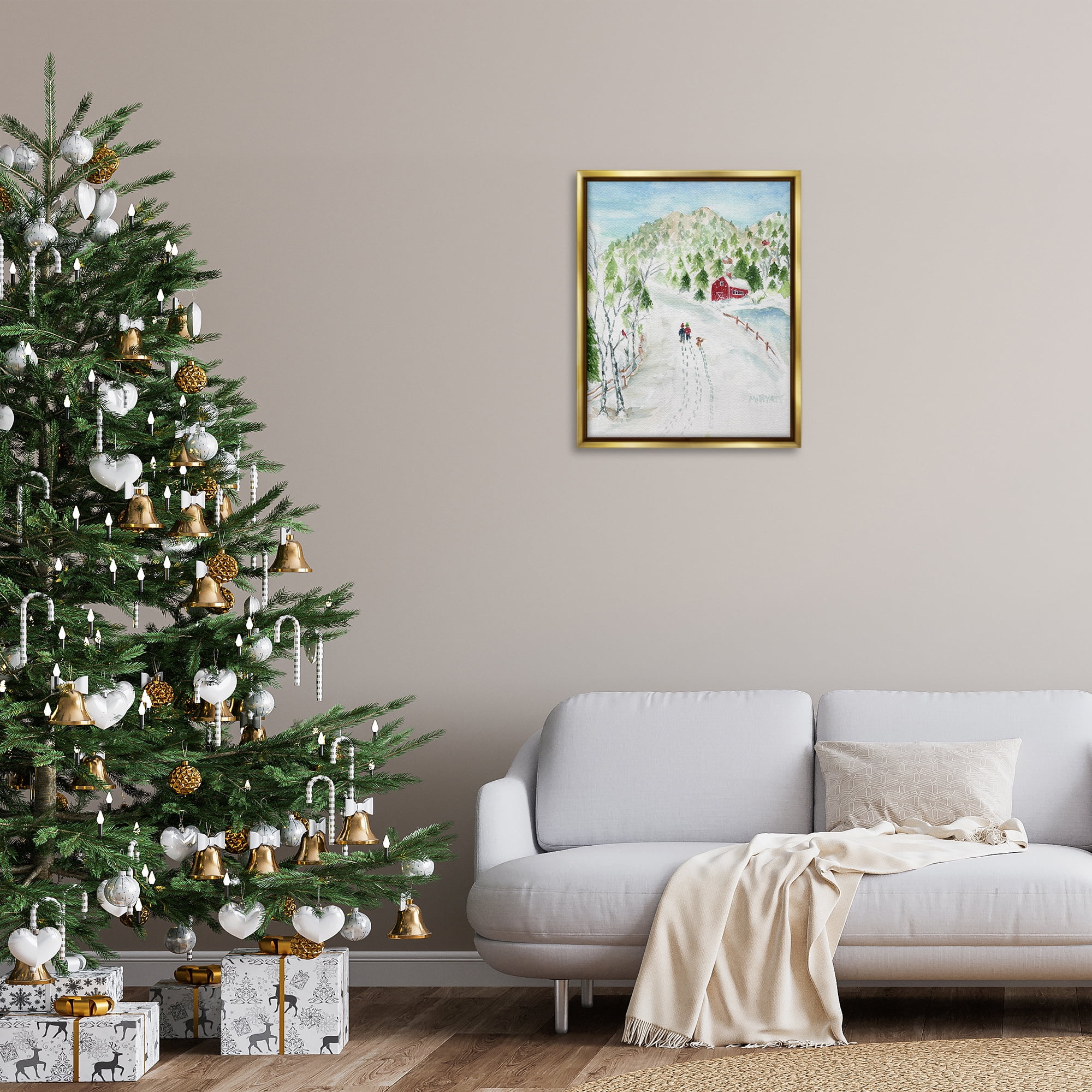 Stupell Industries Steps in Country Snow Holiday Painting Gold Floater Framed Art Print Wall Art, 25 x 31