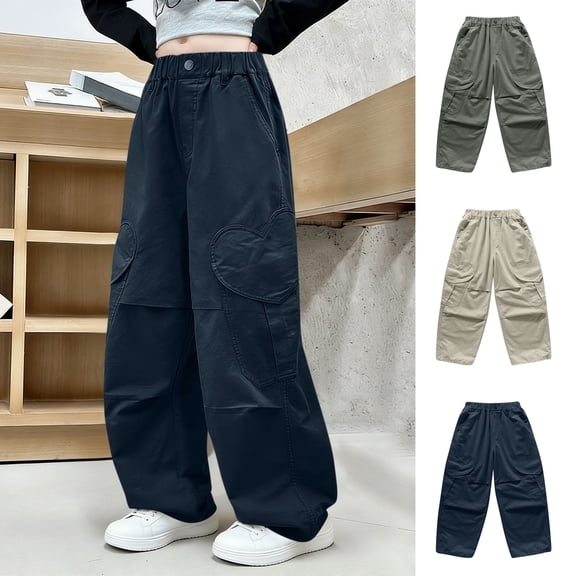 Yeaiivve Heart Cargo Pants for Boys Girls Loose Fit Straight Wide Leg Trousers Elastic High Waisted Work Pants Cotton Casual Hiking Pants with Pockets Khaki 170