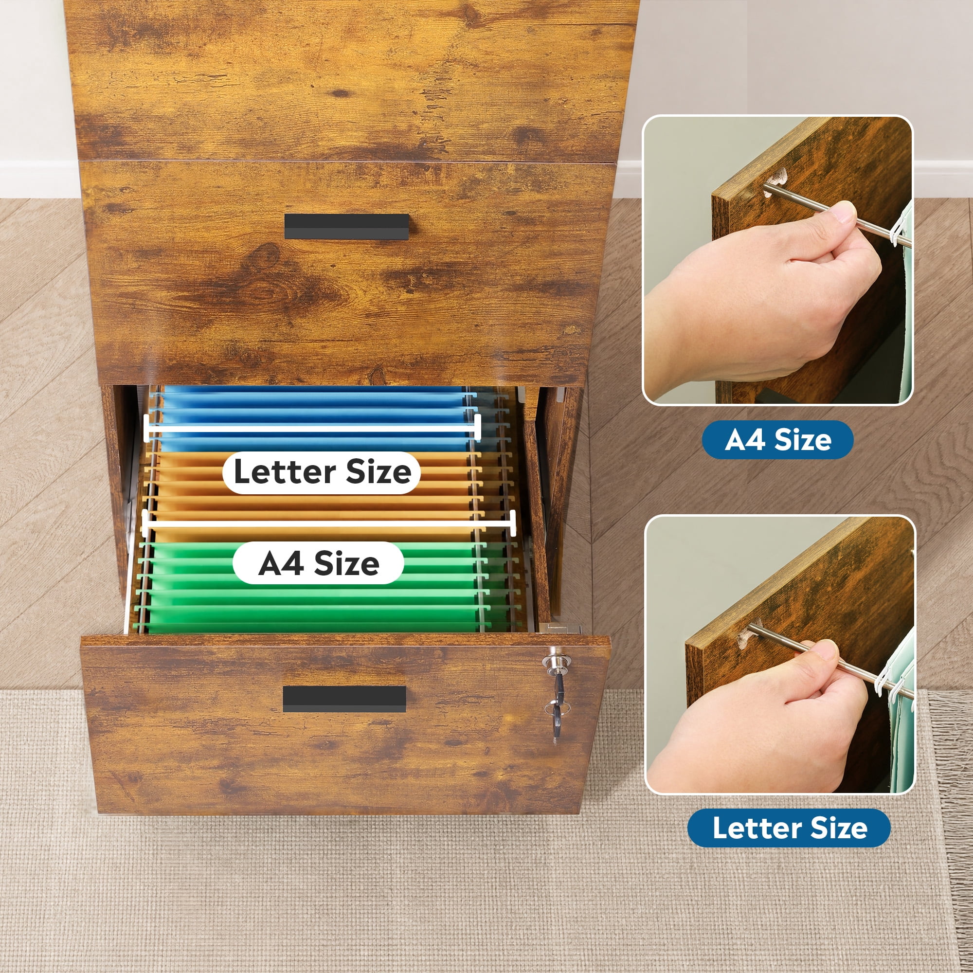 GALAXHERO 3 Drawers File Cabinets, Wood Vertical Filing Cabinet with Lock for Home Office, Letter/A4 Size, Rustic Brown