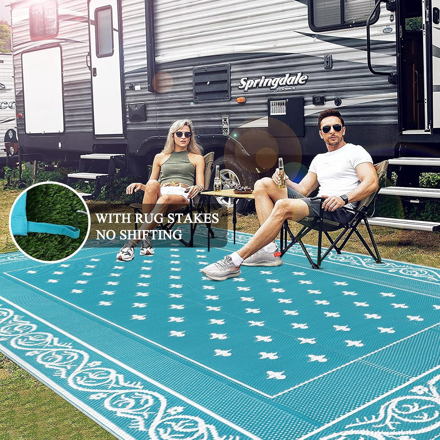 Findosom 8'x10' Teal Large Outdoor Rug Outdoor Mat RV Outdoor Rug Reversible Plastic Straw Rug Patio Rug Waterproof Foldable Portable Camping Rug for RV, Patio, Backyard, Deck, Picnic, Beach, Trailer