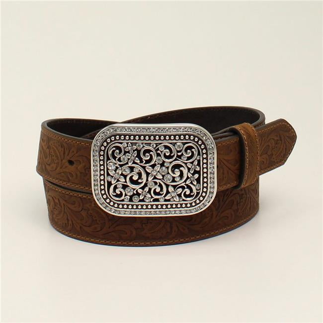 Ariat A10006944 M 0.5 in. Fillagree Ladies Floral Embossed Leather Belt with Crystal Belt Buckle Medium Brown Medium Walmart