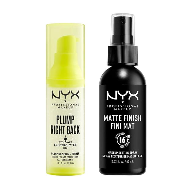 NYX Professional Makeup Combo: Primer de maquillaje sérum hidratante Plump Right Back + Spray fijador de maquillaje acabado mate - 2 piezas