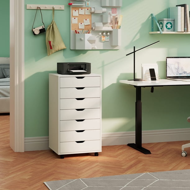 Zocalo Cómoda de Madera con 7 cajones y archivador, Cofre de Almacenamiento con Ruedas (Blanco)