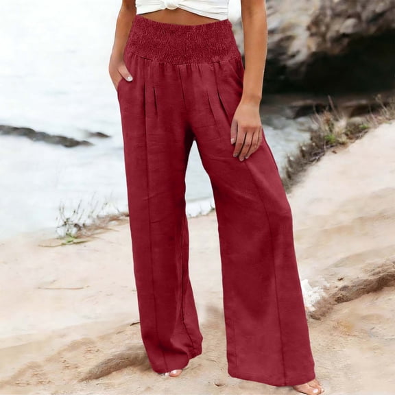 Cutuoiiu Womens Fashion Solid Color Wide Leg Pants with Pockets Smocked Waist for Casual Vacation Beach Gift