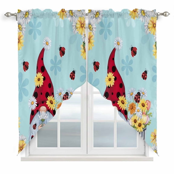 Swag Valance Curtains for Windows, Aqua Gnomes Daisy Light Filtering Kitchen Curtains with Rod Pocket, Pastoral Country Garden Floral Window Treatment Valances for Living Room, 36x45 - 2 PCS