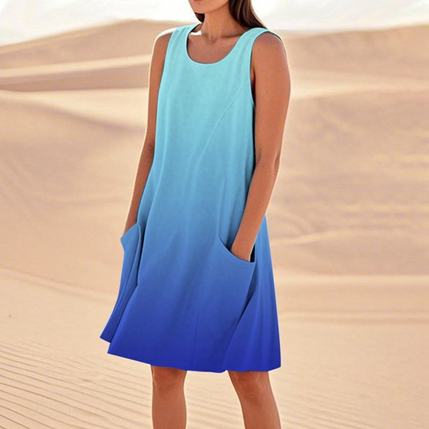 WILLBEST Vestidos De Lino Para Mujer Vestido De Lino Para Mujer Vestido De Playa Informal Hasta La Rodilla Vestido Sin Mangas Vestido Casual Estampado De Verano Con Bolsillos 2826