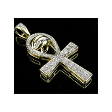 10K Yellow Gold Diamond Eye of Ra Ankh Cross Pendant 0.40 Ct 1.5"
