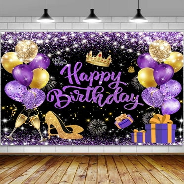 Purple Happy Birthday Party Banner Backdrop Decorations for Women, Purple and Gold Black Balloons Large Banner Party Girl, Birthday Sign Poster Background Decor 72X44 Inch