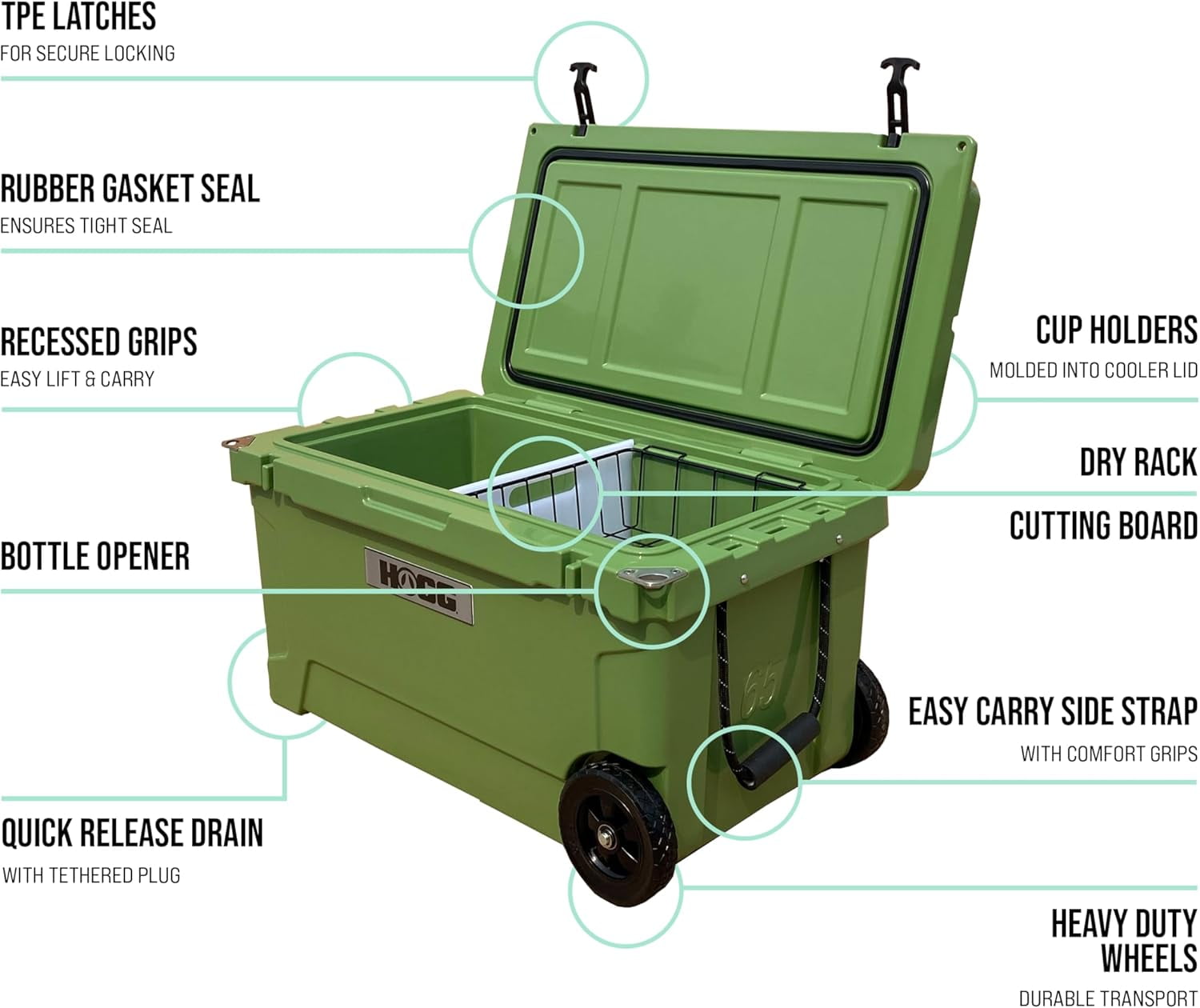 Hogg (Watercress) 65 QT Insulated Cooler with Wheels and Handles, Rolling Ice Chest with Wheels, Rotomolded Wheeled Coolers for Camping, Drinks, Outdoors