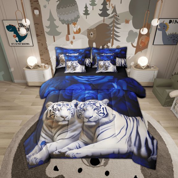 White Tiger Bed in a Bag King 7 Pieces - King Size Comforter Set,Blue Rose Bedding Sets African Animals Flowers Floral Bed Set with Comforter,Sheets,Pillowcases & Shams