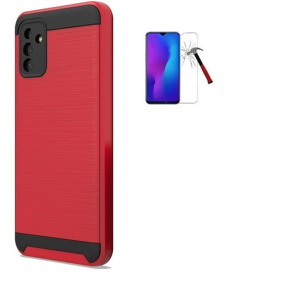Phone Case for Samsung Galaxy A13 5G, Metallic Brushed Design Cover Case with Tempered Glass Screen Protector (Red)